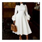 Classy Women A Line Pleated Dress Half High Neck Long Sleeve