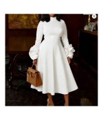 Classy Women A Line Pleated Dress Half High Neck Long Sleeve