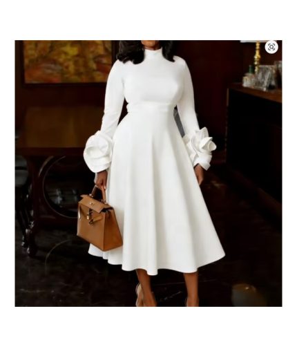 Classy Women A Line Pleated Dress Half High Neck Long Sleeve