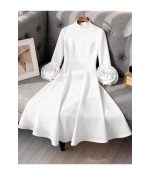 Classy Women A Line Pleated Dress Half High Neck Long Sleeve - Image 2