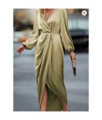 Khaki Women's plus size satin woven solid color summer dress Khaki