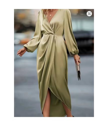 Khaki Women's plus size satin woven solid color summer dress Khaki