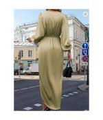 Khaki Women's plus size satin woven solid color summer dress Khaki - Image 2