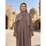 Elegant Coffee Color Cinched-Waist Abaya Lantern Sleeve Long Dress Women Muslim