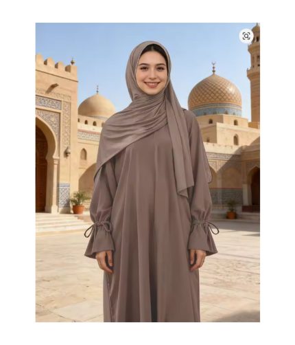 Elegant Coffee Color Cinched-Waist Abaya Lantern Sleeve Long Dress Women Muslim