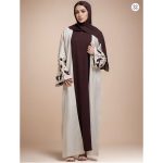 Apricot Color Muslim Abaya Boasting Exquisite Floral Cuff Embroidery
