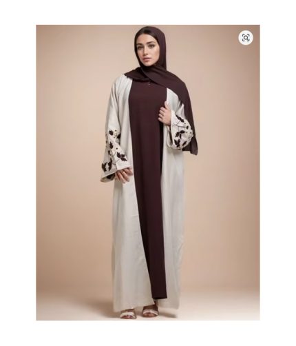 Apricot Color Muslim Abaya Boasting Exquisite Floral Cuff Embroidery