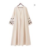 Apricot Color Muslim Abaya Boasting Exquisite Floral Cuff Embroidery - Image 2