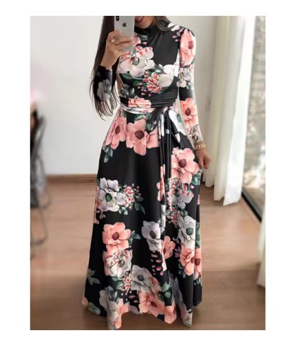 Women's Slim Dresses Casual Long Sleeve Round Neck Flower Printed Dress