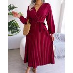 Women Elegant V Neck Long Sleeve Pleated Maxi Dress