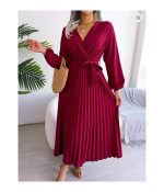 Women Elegant V Neck Long Sleeve Pleated Maxi Dress