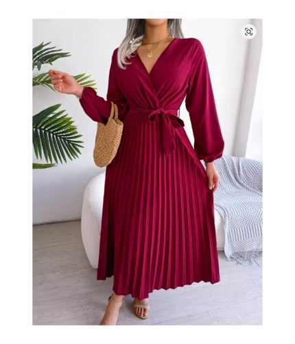 Women Elegant V Neck Long Sleeve Pleated Maxi Dress