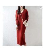 MEETCC Women's 100% Merino Wool Mid Calf Length Sweater Dress