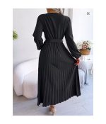 Women Elegant V Neck Long Sleeve Pleated Maxi Dress - Image 2