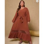 Plus Size Women's 2025 New Brown V-neck Fashion Casual Dresses