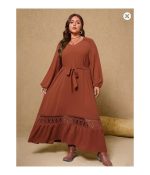 Plus Size Women's 2025 New Brown V-neck Fashion Casual Dresses