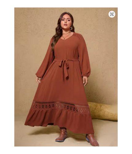 Plus Size Women's 2025 New Brown V-neck Fashion Casual Dresses