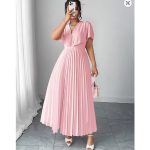 Large women's elegant chiffon waist cinched A-line pleated wedding guests' grand dress